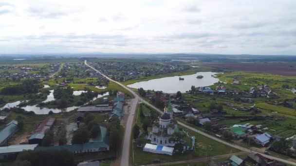 Aerial View Church Restore Village River Bridge Pond Sunny Summer — Stock Video