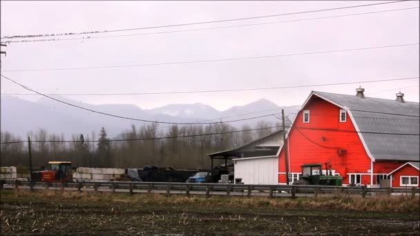 Birds group on wires over red barn — Stock Video