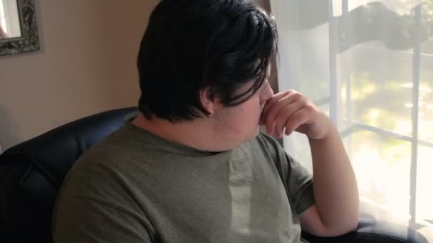 Мальчик презрительно высунулся из окна в компьютере — стоковое видео