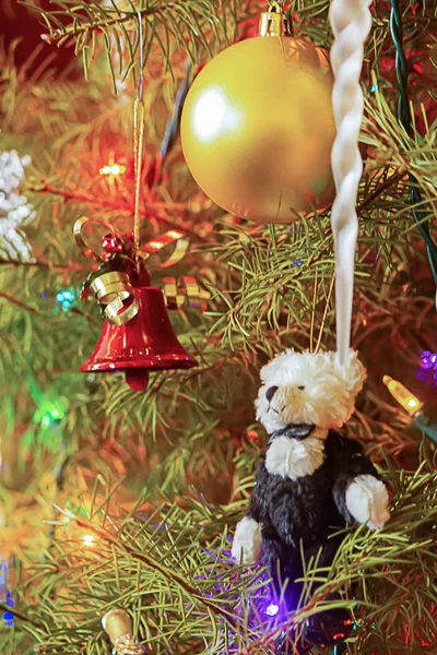 Орнаменты рождественской елки, бал, сосулька, колокол и медведь — стоковое фото
