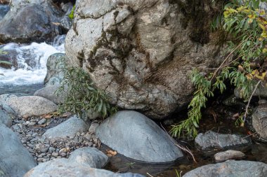 Hızlı akan suyun yanında büyük kayalar ve kayalar.