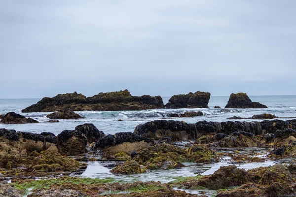 Árapály-medencék óceáni hullámokkal a sziklák felett — Stock Fotó