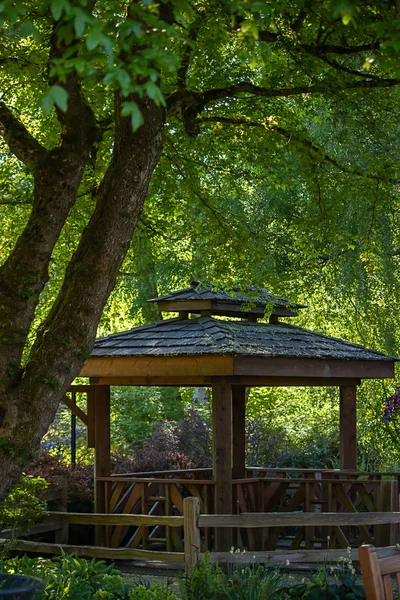 Gazebo sentado en la zona de bosque verde profundo en verano — Foto de Stock