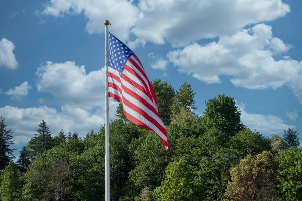 Wetter mit wolkenverhangenem Himmel hinter amerikanischer Flagge im Wind — Stockfoto