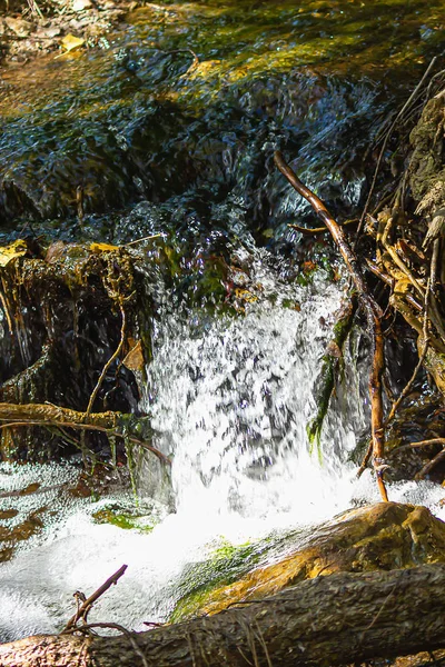 Small waterfall in little stream splashing brightly — Stock Photo, Image