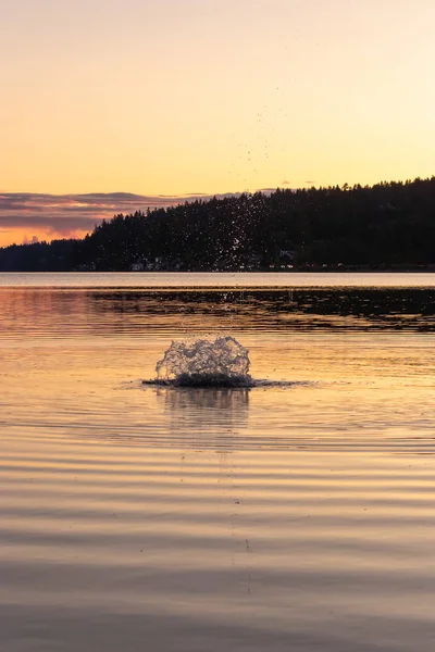 Large splashes from stones tossed into water at sunset — Stockfoto