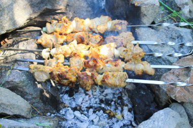 Şenlik ateşi üzerinde şiş kebap
