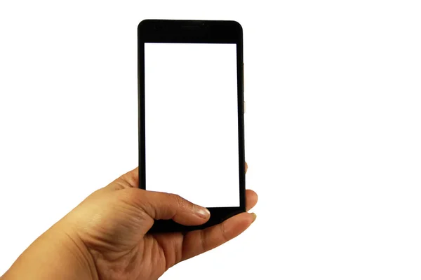 여성의 손을 잡고 빈 화면이 검은 현대 스마트 휴대 전화 — 스톡 사진