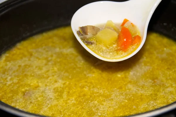 Sopa apetitosa com cogumelos cozidos em fogão lento — Fotografia de Stock