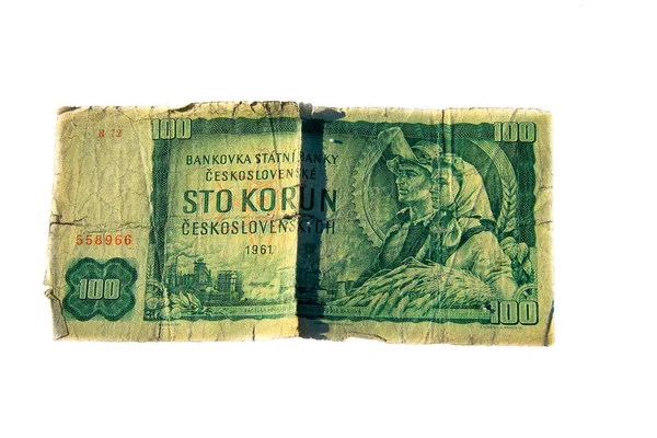 100 Kronen Schein der Tschechoslowakei isoliert auf weißem Hintergrund — Stockfoto