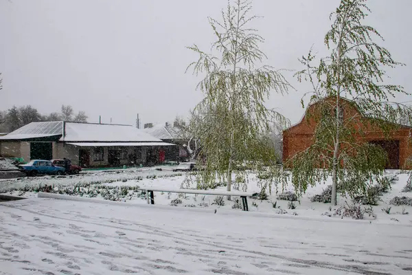 Sudden April snow storm in Ukraine. April snow cyclone — Stock Photo, Image
