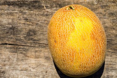 Eski ahşap masa üzerinde olgunlaşmış bütün kavun