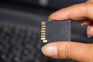 SD kartı laptop arka planda tutan el