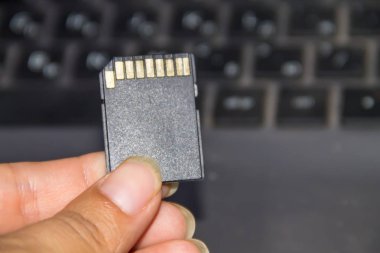 SD kartı laptop arka planda tutan el