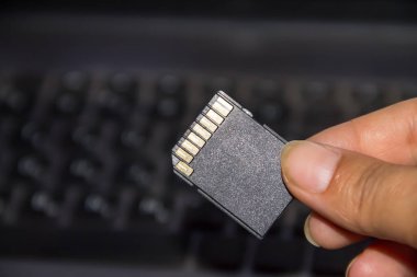 SD kartı laptop arka planda tutan el
