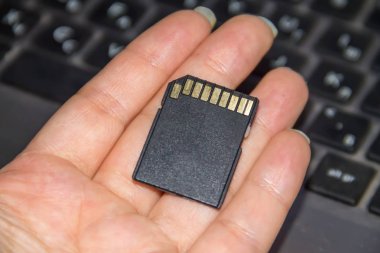 SD kartı laptop arka planda tutan el