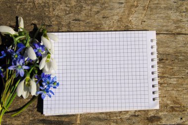 Buket bahar çiçekleri ve ahşap arka plan üstünde not etmek