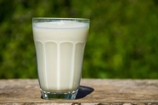 Glas mjölk på träbord med natur bakgrund — Stockfoto