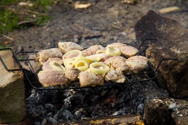Przyprawione mięso surowe wieprzowe na zewnątrz grill. Przygotowaniu shish keba — Zdjęcie stockowe