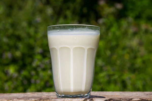 Glas mjölk på träbord med natur bakgrund — Stockfoto