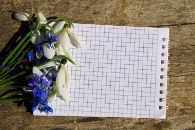 Buket bahar çiçekleri ve ahşap arka plan üstünde not etmek