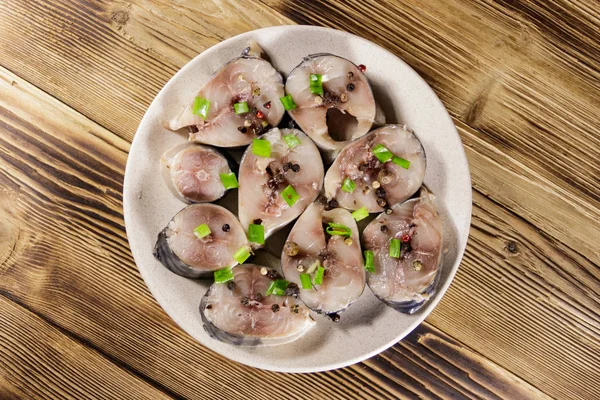 Sliced Mackerel Spices Wooden Table Salted Scomber Plate — Stock Photo, Image