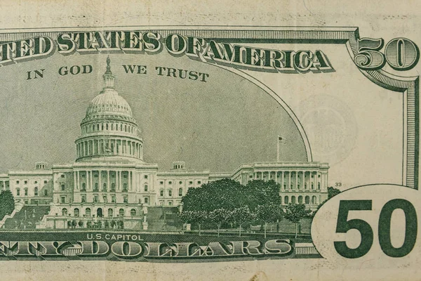 Makro ujęcie banknotu 50 dolarów amerykańskich — Zdjęcie stockowe