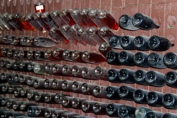 Many wine bottles in wine cellar of winery