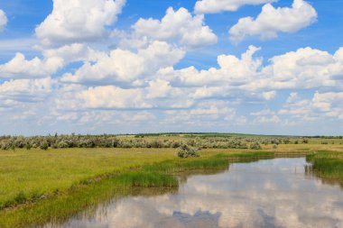Yaz, yatay, küçük nehir ve mavi bulutlu gökyüzü