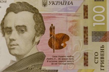 Ukrayna para birimi. Yüz Grivnası banknot makro atış