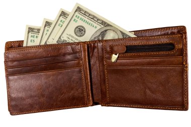 Beyaz arka plan üzerinde izole amerikan doları ile Kahverengi cüzdan
