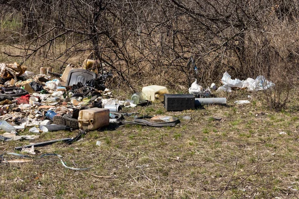 Vertedero de basura en el bosque bajo los árboles — Foto de Stock