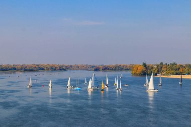 Kremenchug, Ukrayna 'daki Dinyeper Nehri' ndeki yelkenli yarışlarında yatlar