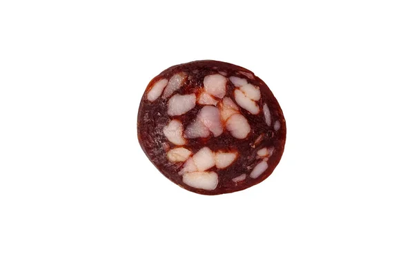 Fatia de salsicha de salame isolada no fundo branco — Fotografia de Stock