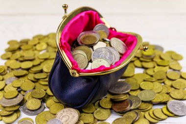 Beyaz ahşap arka planda sikke ile deri değişim çantası