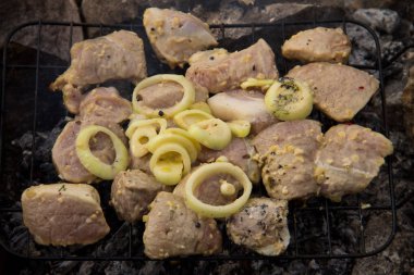 Baharatlı çiğ domuz eti. Şiş kebap hazırlığı. Kömürde marine edilmiş et.