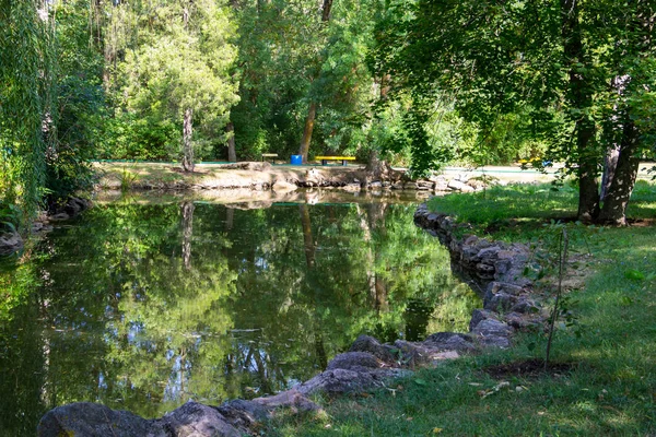 Kalm meer in groen park op de zomer — Stockfoto