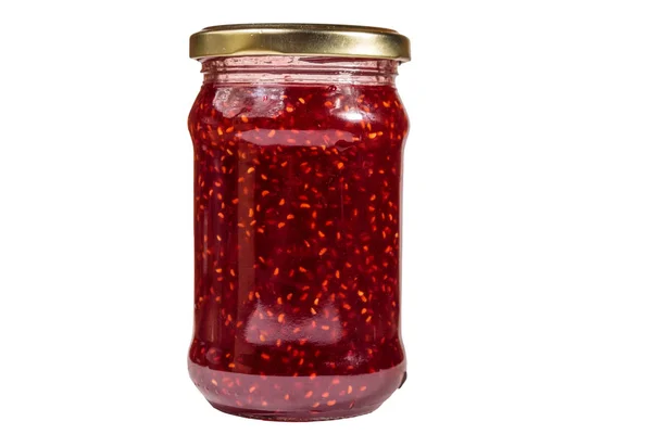 Raspberry jam in glass jar isolated on white background — Stock Photo, Image