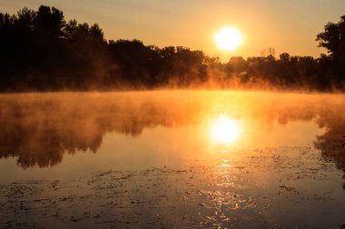 Gün doğumunda sisli nehir manzarası. Sabaha karşı sisli