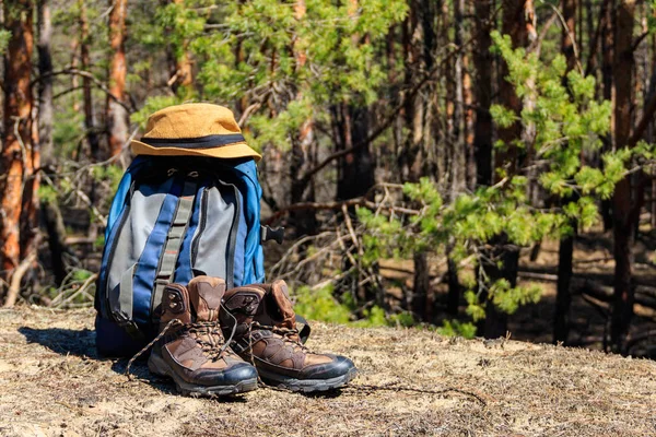 Turistický batoh, turistické boty a klobouk na mýtině v borovém lese. Koncept túry — Stock fotografie