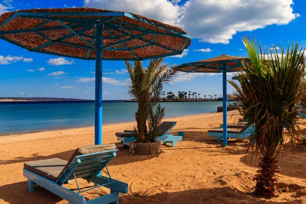 Guarda-sóis e salões de chaise na praia tropical. Conceito de descanso, relaxamento, férias, recurso — Fotografia de Stock