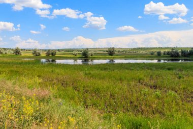 Yaz, yatay, küçük nehir ve mavi bulutlu gökyüzü