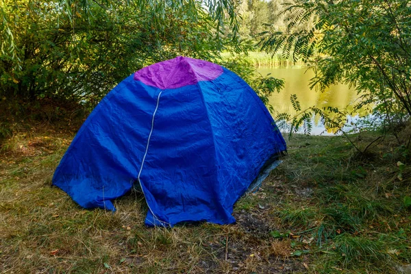 Blue camping tent in forest near a river — Stock Photo, Image