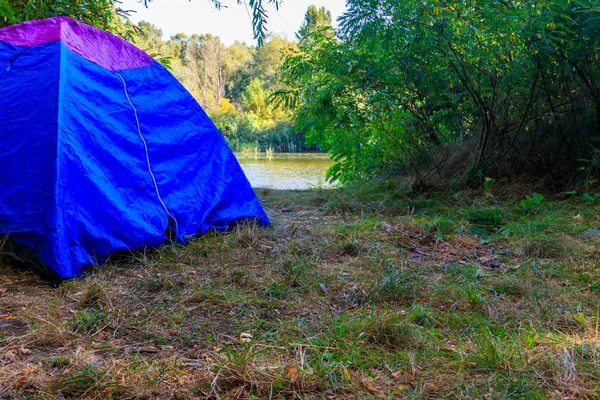 Modrý kemp v lese u řeky — Stock fotografie