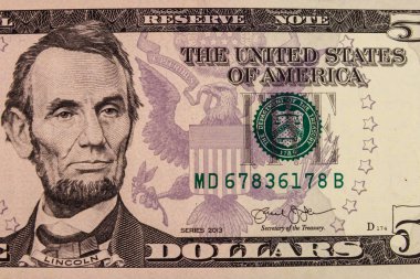 Beş dolarlık banknotun Macro çekimi.