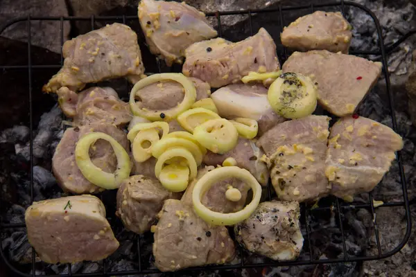 Viande de porc crue épicée sur le gril en plein air. Préparation de shish keba — Photo