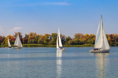 Kremenchug, Ukrayna 'daki Dinyeper Nehri' ndeki yelkenli yarışlarında yatlar