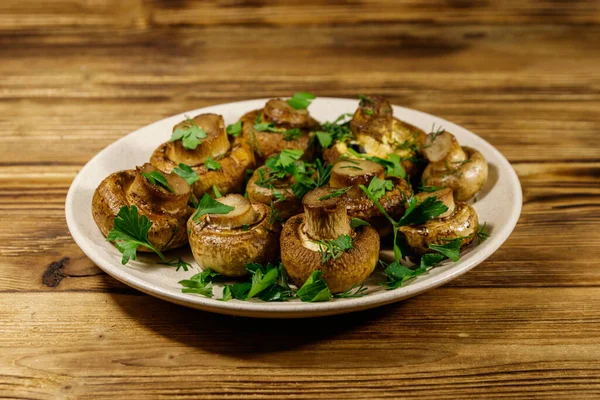 Baked Mushrooms Plate Wooden Table — Stock Photo, Image