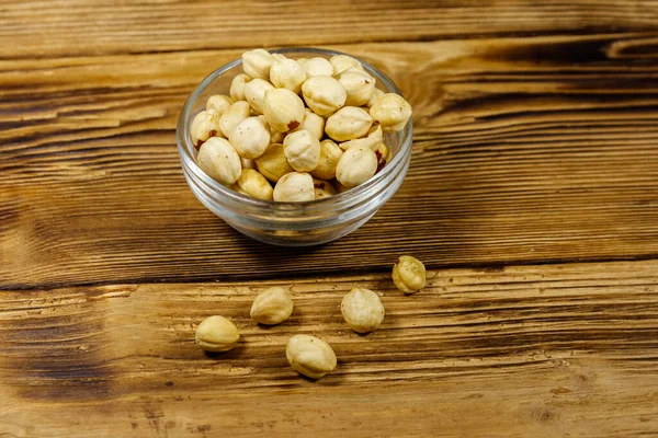 Peeled Hazelnuts Glass Bowl Wooden Table — Stock Photo, Image