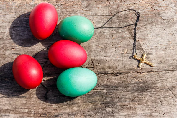 Painted Easter Eggs Christianity Golden Cross Rustic Wooden Background — Stock Photo, Image